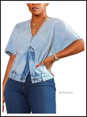 Women's Denim Tops V Neck Short Sleeve Split Zipper Front Jean Shirt Blouse